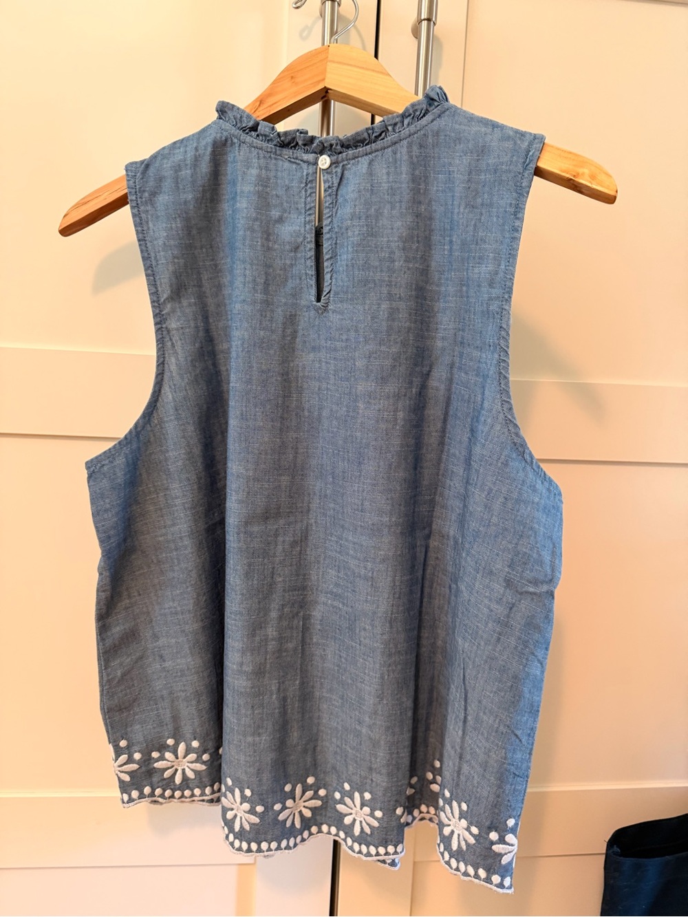 J. Crew Sleeveless Chambray Top with White Floral Embroidery and Ruffle Neck - Picture 2 of 7